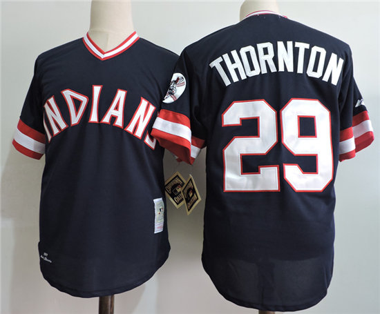 Men's Cleveland Indians Retired Player #29 Andre Thornton 1977 Majestic Navy Blue Cooperstown Throwback Away Jersey