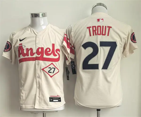 Youth Los Angeles Angels #27 Mike Trout Nike Cream 2022 City Connect Jersey