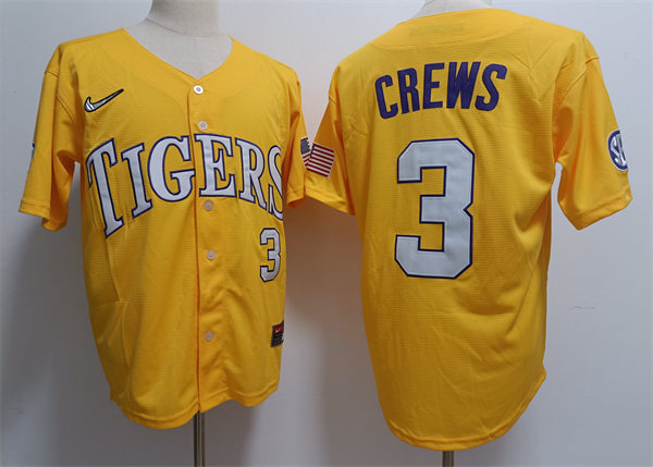 Mens Youth LSU Tigers #3 Dylan Crews Nike Gold College Game Baseball Jersey Mens Youth LSU Tigers #3 Dylan Crews Nike Gold College Game Baseball Jersey