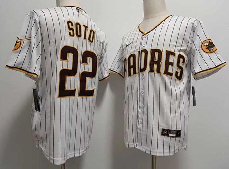 Mens San Diego Padres #22 Juan Soto White Brown Pinstripe Home CoolBase Jersey