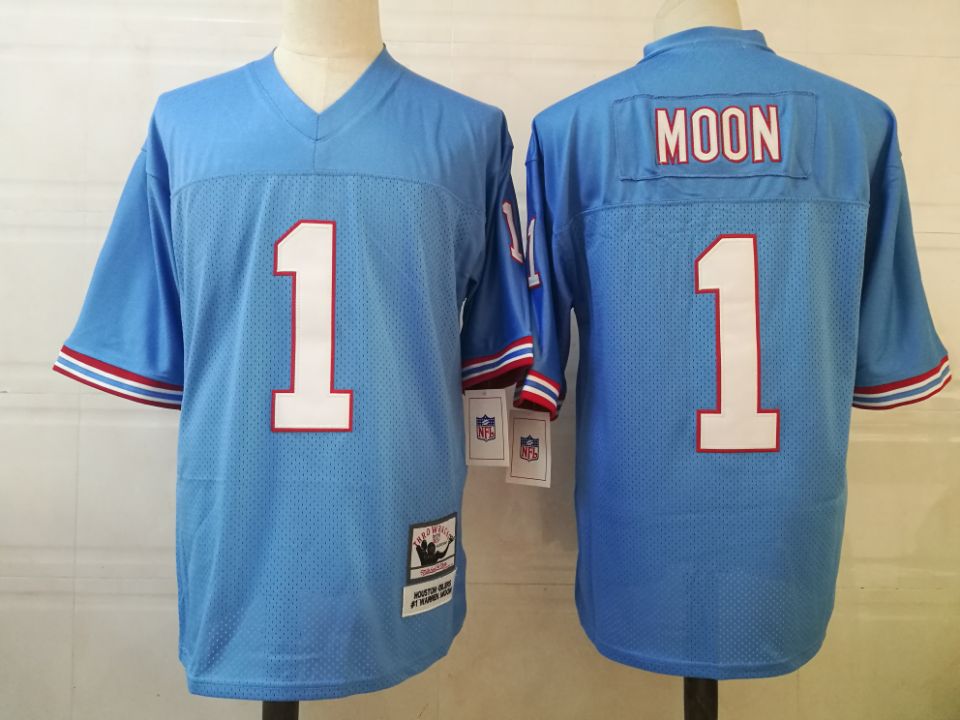 Men's Houston Oilers #1 Warren Moon Light Blue Throwback Jersey