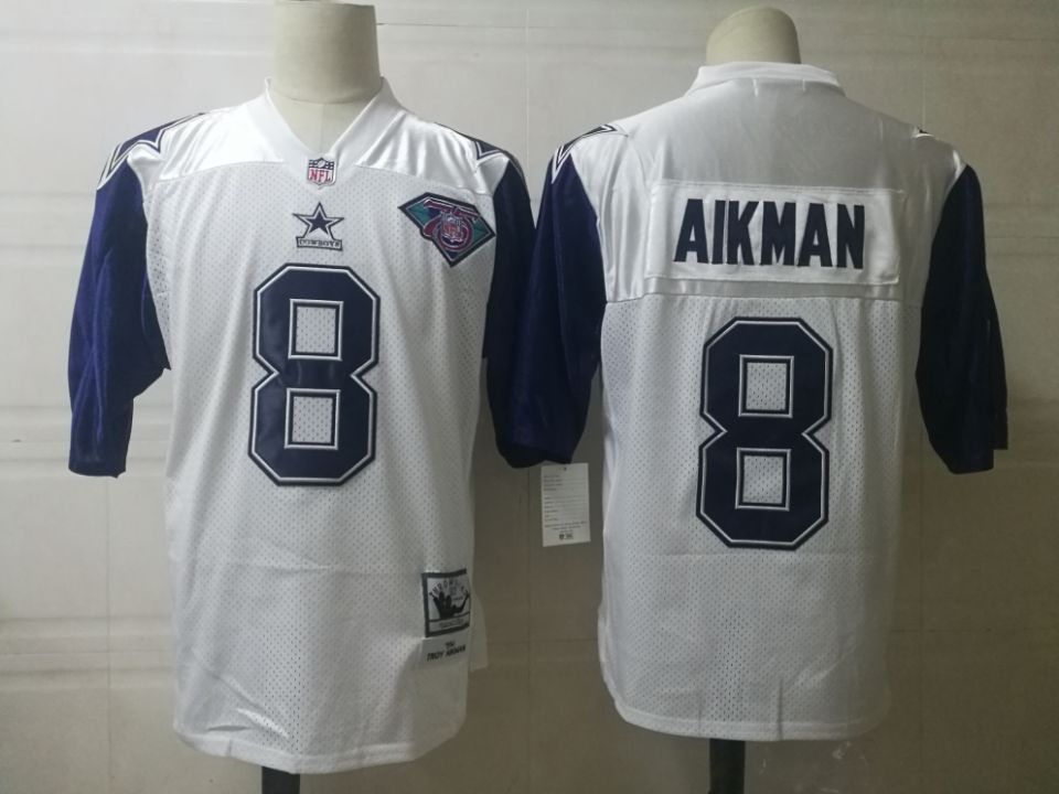 Mens Dallas Cowboys #8 Troy Aikman White 75TH Patch Throwback Jersey
