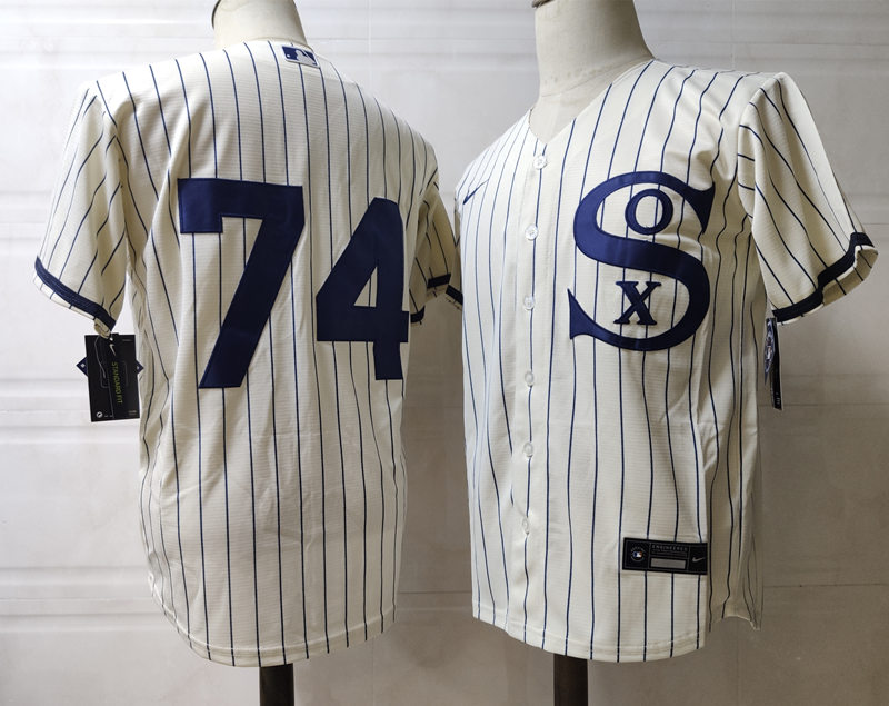 Mens Chicago White Sox #74 Eloy Jimenez Nike White PIN STRIPE 2021 Field of Dreams Jersey