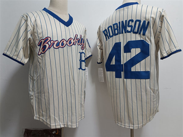 Men's Brooklyn Dodgers #42 Jackie Robinson Cream Pinstripe Pullover Collection Throwback Jersey