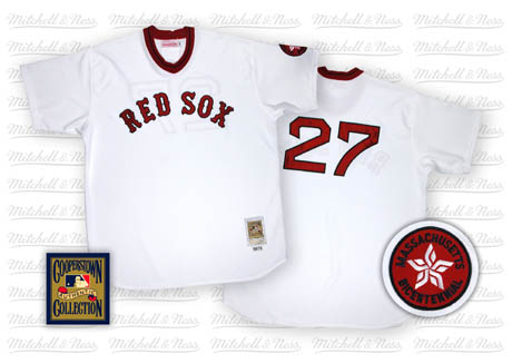 Men's Boston Red Sox #27 Carlton Fisk 1975 White Throwback Jersey