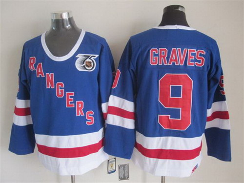 Mens New York Rangers #9 Adam Graves Light Blue 1991 75TH CCM Vintage Throwback Jersey