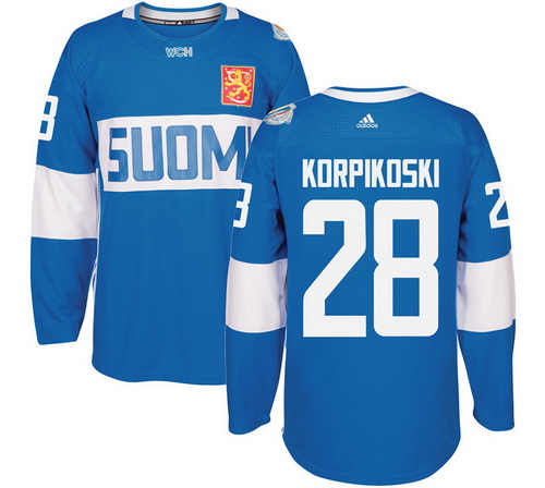 Men's Team Finland #28 Lauri Korpikoski Adidas Blue 2016 World Cup Of Hockey Stitched WCH Game Jersey