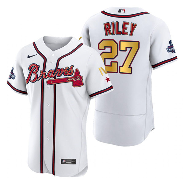 Mens Atlanta Braves #27 Austin Riley Nike 2022 White Gold Program 4 Times World Series Champions Jersey