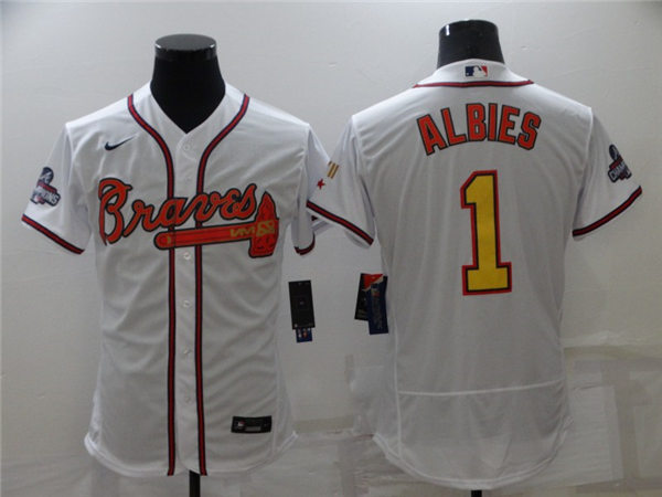 Mens Atlanta Braves #1 Ozzie Albies Nike 2022 White Gold Program 4 Times World Series Champions Jersey