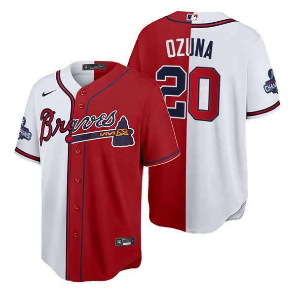 Mens Atlanta Braves #20 Marcell Ozuna Nike Red White Split Two-Tone 2021 World Series Champions Jersey