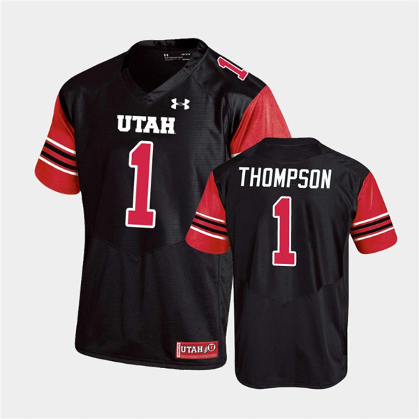 Mens Utah Utes #1 Bryan Thompson Under Armour Black stripe Sleeves Football Game Jersey