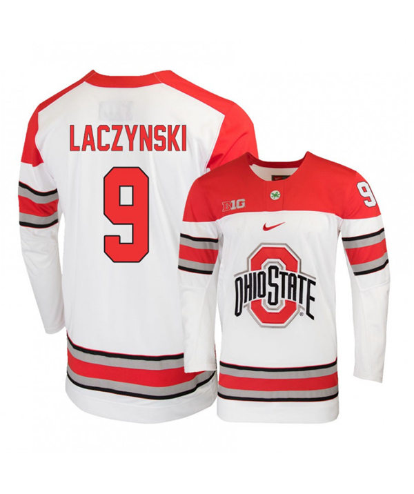Men's #9 Tanner Laczynski Ohio State Buckeyes Stitched Nike White Hockey Jersey