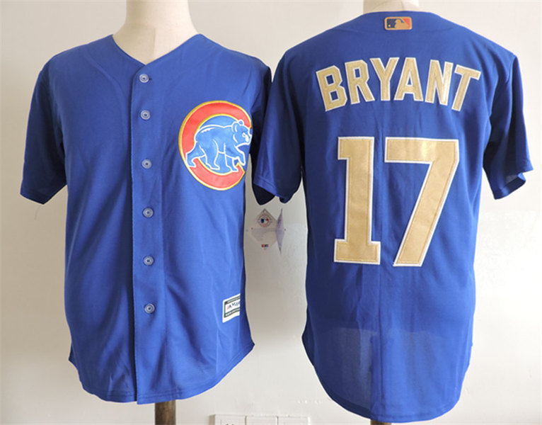 Mens Chicago Cubs #17 Kris Bryant Majestic Royal 2017 Gold Program Cool Base Player Jersey