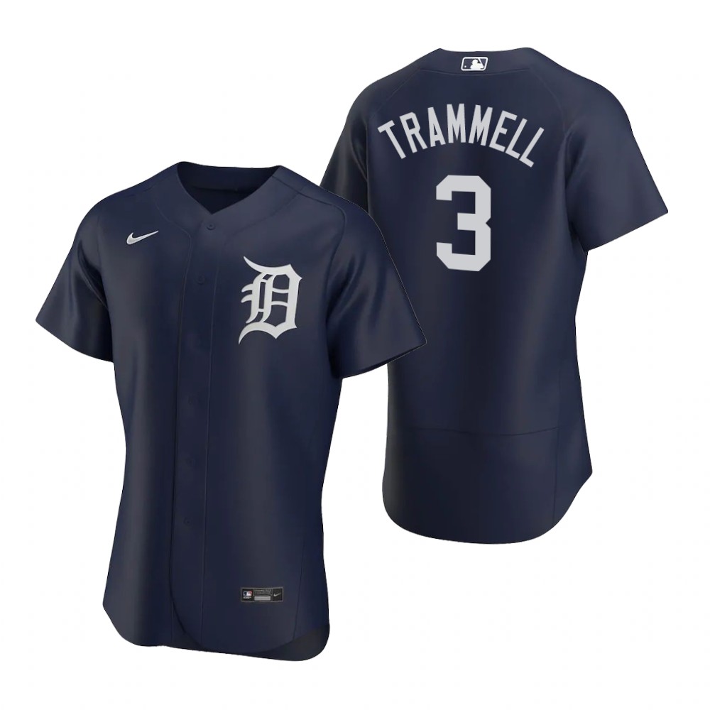 Men's Detroit Tigers Retired Player #3 Alan Trammell Nike Navy Alternate White Team Logo Flex base Jersey