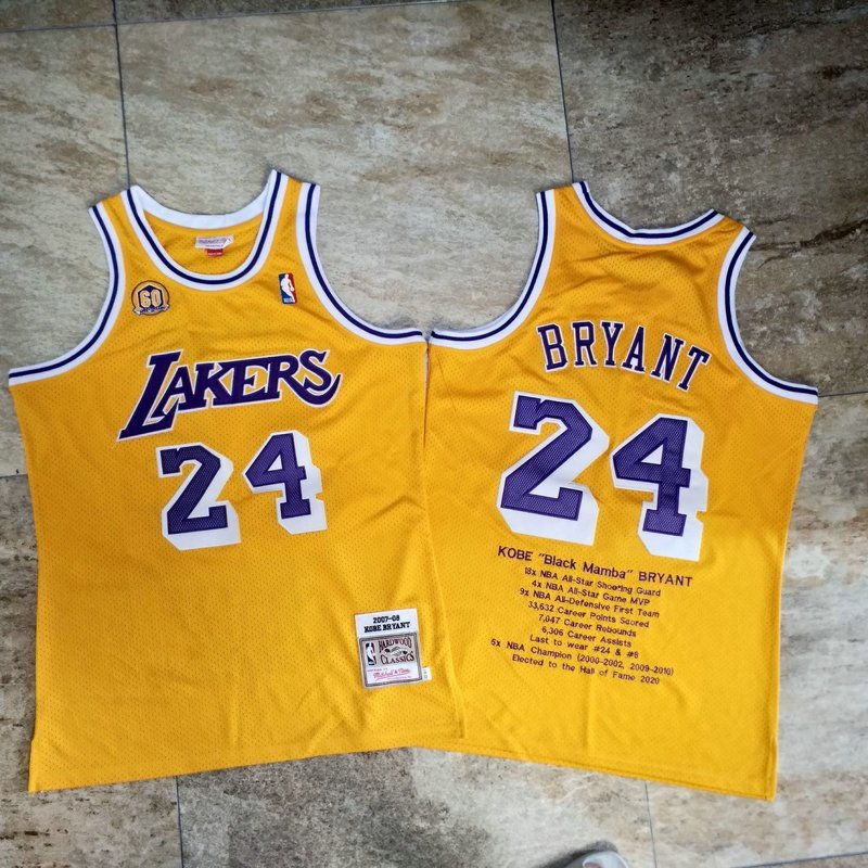 Men's Los Angeles Lakers #24 Kobe Bryant 2007-08 Yellow honors Edition Hardwood Classics Jersey