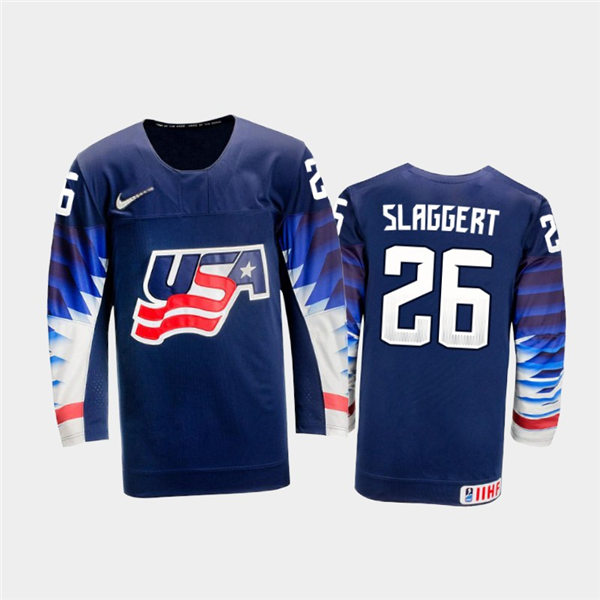 Mens USA Team #26 Landon Slaggert Stitched 2021 IIHF World Junior Championship Away Navy Jersey