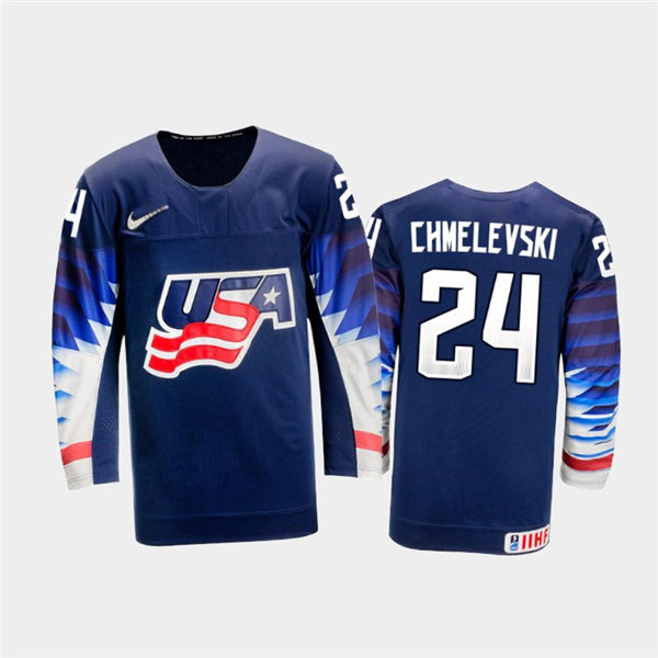 Mens USA Team #24 Sasha Chmelevski Stitched 2021 IIHF World Junior Championship Away Navy Jersey