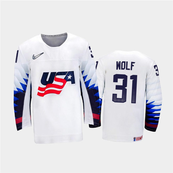 Mens USA Team #31 Dustin Wolf  Stitched 2021 IIHF World Junior Championship Home White Jersey