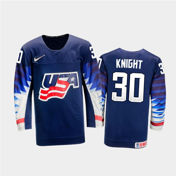 Mens USA Team #30 Spencer Knight  Stitched 2021 IIHF World Junior Championship Away Navy Jersey