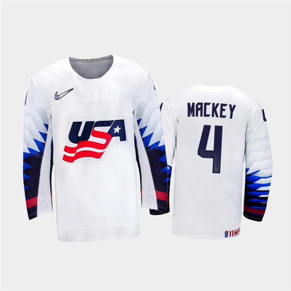 Mens USA Team #4 Connor Mackey Stitched 2021 IIHF World Junior Championship Home White Jersey