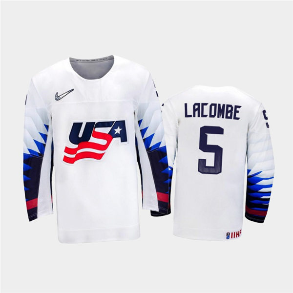 Mens USA Team #5  Jackson LaCombe Stitched 2021 IIHF World Junior Championship Home White Jersey