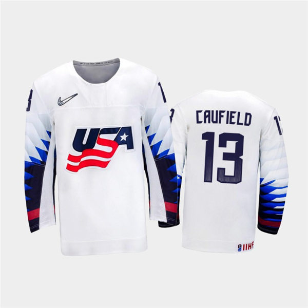 Mens USA Team #13 Cole Caufield Stitched 2021 IIHF World Junior Championship Home White Jersey