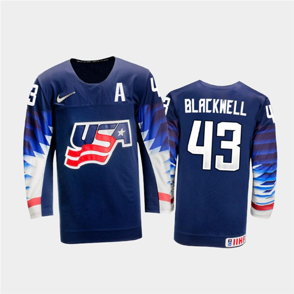 Mens USA Team #43 Colin Blackwell Stitched 2021 IIHF World Junior Championship Away Navy Jersey