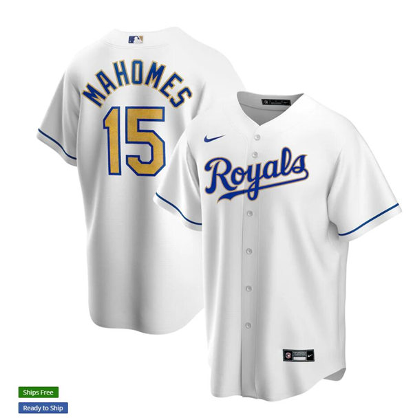 Mens Kansas City Royals #15 Patrick Mahomes Nike White Gold Home Coolbase Jersey