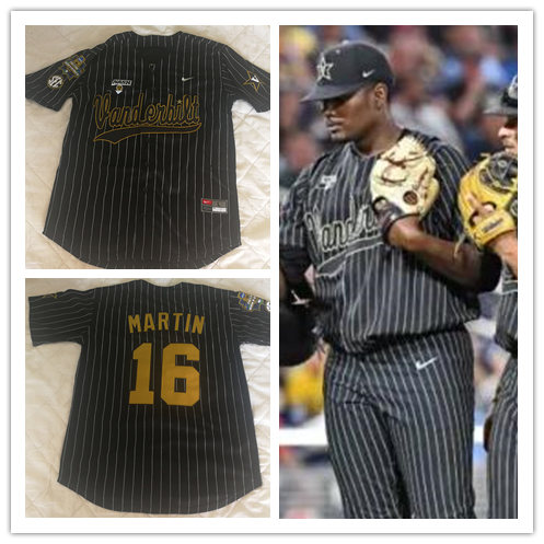 Mens Youth Vanderbilt Commodores #16 Austin Martin Diamonds Nike Black Pinstripe College Baseball Jersey
