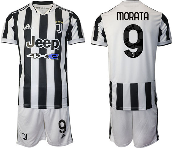 Mens Juventus #9 Alvaro Morata 2021 White Black Home Soccer Jersey kit