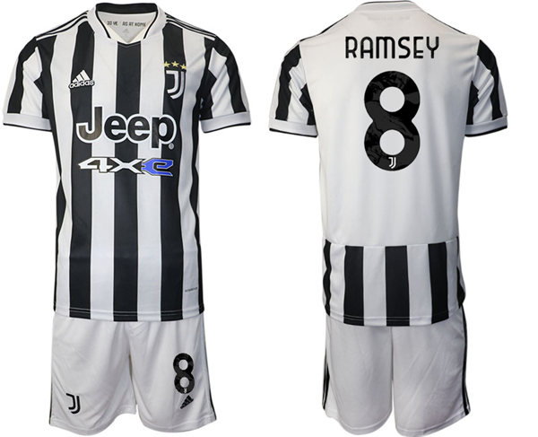 Mens Juventus #8 Aaron Ramsey 2021 White Black Home Soccer Jersey kit