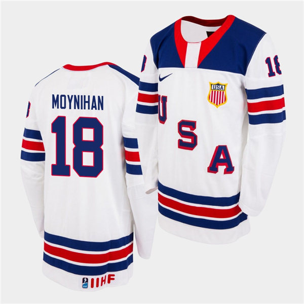 Mens IIHF USA Hockey Team U18 #18 Patrick Moynihan Nike 2020 White Home Jersey
