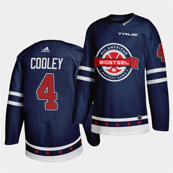 Mens BioSteel All-American Hockey #4 Logan Cooley Adidas 2021 Navy Game Jersey
