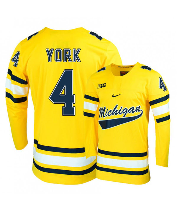 Mens Michigan Wolverines #4 Cameron York Stitched Nike Gold Hockey Jersey