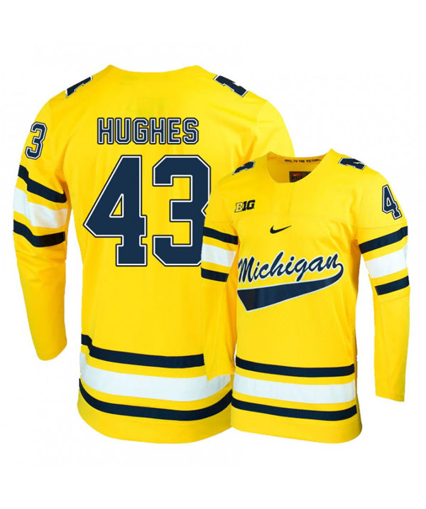 Mens Michigan Wolverines #43 Quinn Hughes Stitched Nike Gold Hockey Jersey Mens Michigan Wolverines #43 Quinn Hughes Stitched Nike Gold Hockey Jersey