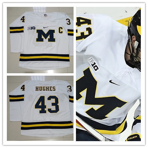 Mens Michigan Wolverines #43 Quinn Hughes Nike White BIG M Hockey Jersey Mens Michigan Wolverines #43 Quinn Hughes Nike White BIG M Hockey Jersey