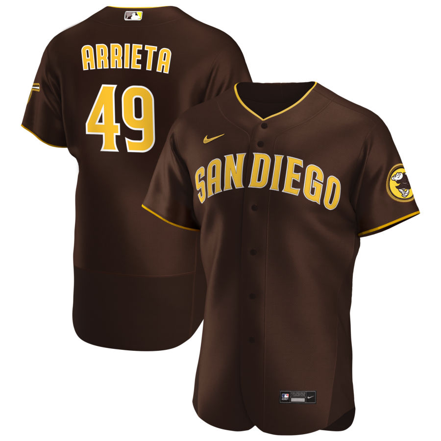 Mens San Diego Padres #49 Jake Arrieta Nike Brown Road Player FlexBase Jersey