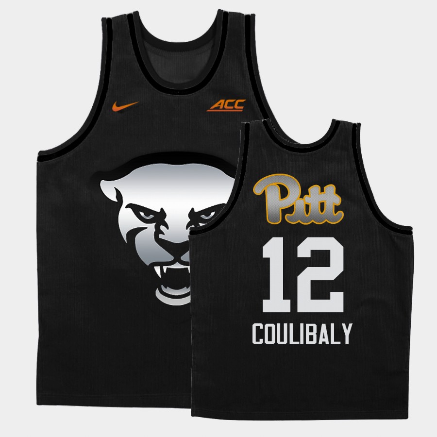 Mens Pittsburgh Panthers #12 Abdoul Karim Coulibaly Nike 2021 Black Gray Steel City Panther Face College Basketball Game Jersey