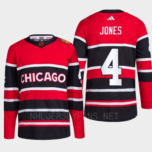 Men's Chicago Blackhawks #4 Seth Jones Red Black 2022 Reverse Retro Primegreen Jersey