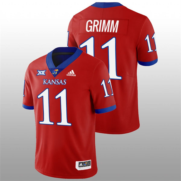 Mens Youth Kansas Jayhawks #11 Luke Grimm Adidas Red College Football Game Jersey