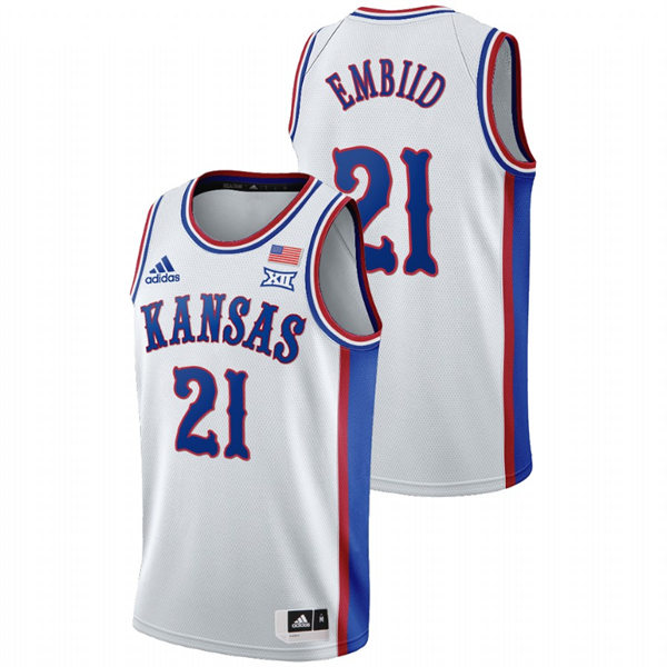 Men's Kansas Jayhawks #21 Joel Embiid White College Basketball 1990s Throwback Jersey Men's Kansas Jayhawks #21 Joel Embiid White College Basketball 1990s Throwback Jersey
