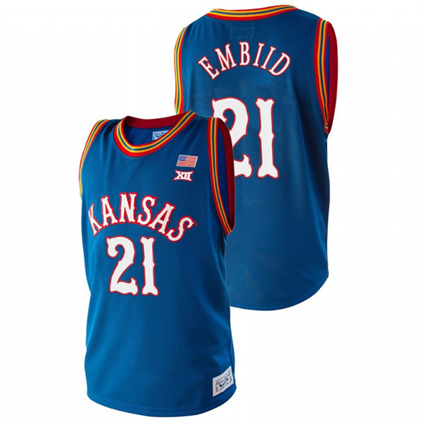 Men's Kansas Jayhawks #21 Joel Embiid Royal Retro College Basketball Classic Jersey