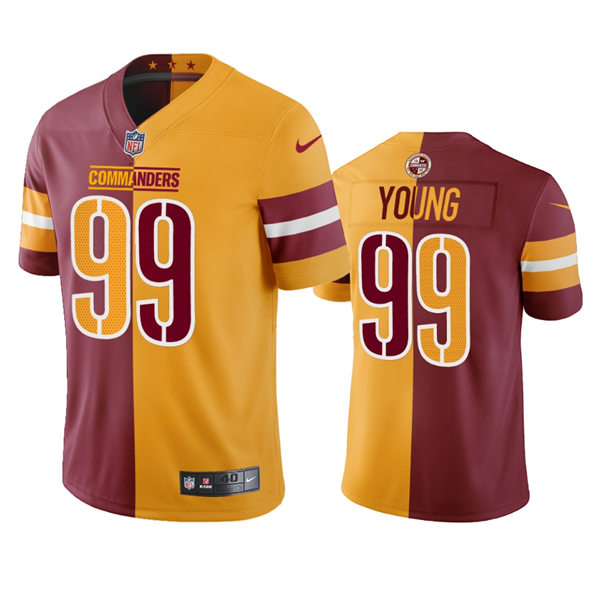 Mens #99 Chase Young Washington Commanders Stitched Burgundy Gold Two-Tone Split Edition Jersey