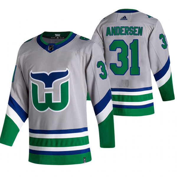 Mens Carolina Hurricanes #31 Frederik Andersen silvery grey Adidas 2021 NHL REVERSE RETRO JERSEYS