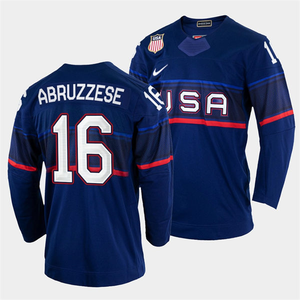 Men's USA Hockey #16 Nick Abruzzese Nike Navy 2022 Winter Olympics Jersey