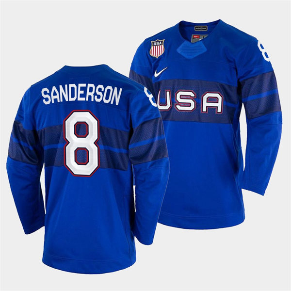 Men's USA Hockey #8 Jake Sanderson 2022 Winter Olympics Royal Jersey