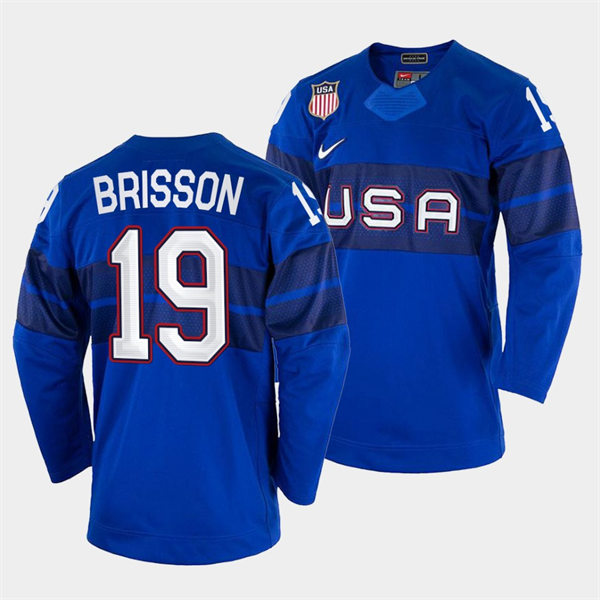 Men's USA Hockey #19 Brendan Brisson 2022 Winter Olympics Royal Jersey