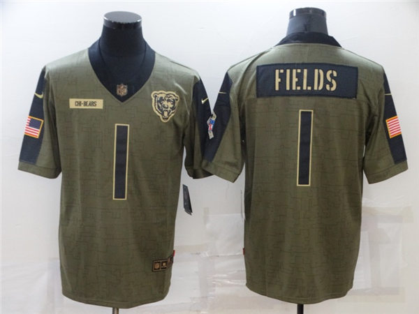 Mens #1 Justin Fields Chicago Bears Stitched Nike Olive 2021 Salute To Service Limited Player Jersey