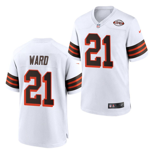 Mens #21 Denzel Ward Cleveland Browns Stitched Nike 2021 White Retro 1946 75th Anniversary Jersey