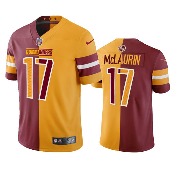 Mens #17 Terry McLaurin Washington Commanders Stitched Burgundy Gold Two-Tone Split Edition Jersey
